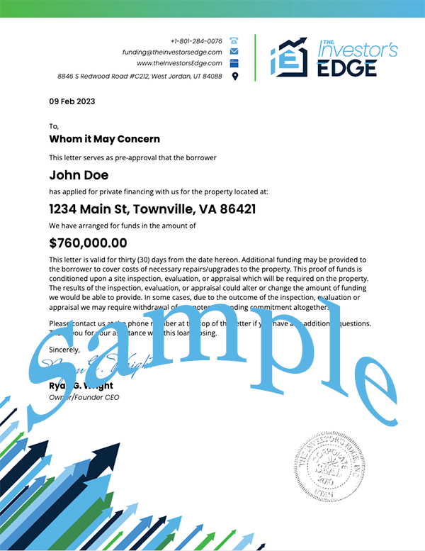 Sample Proof of Funds Letter from The Investor's Edge